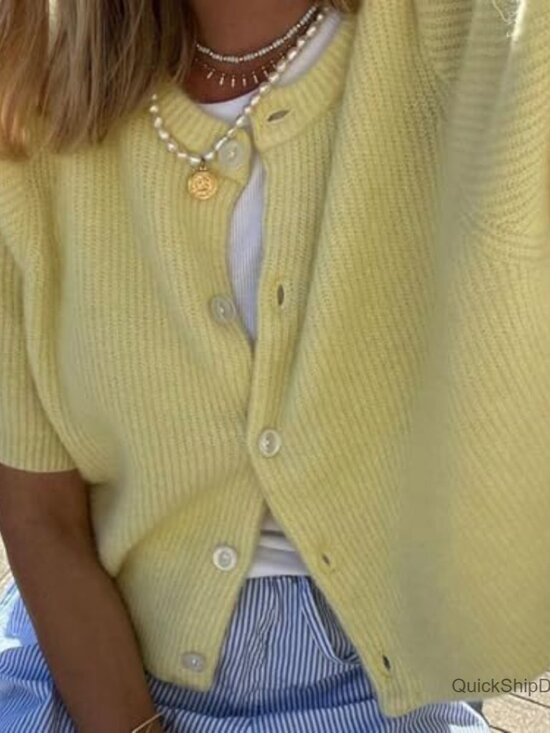 Short Sleeve Button Down Cardigan Crop Top, 5% Cotton 95% Elastane - Picture 4 of 7